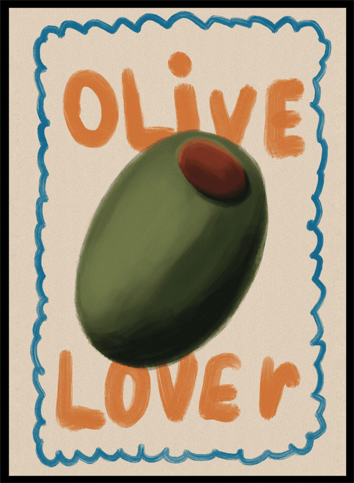 An art print featuring a stylized illustration of an olive with the words &