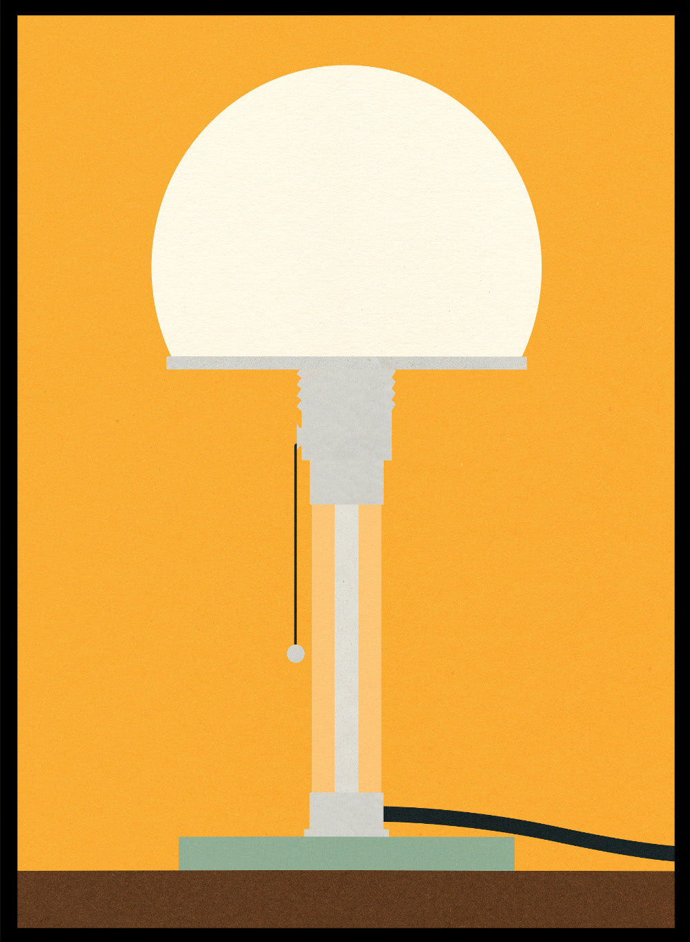 Illustration of a lamp on an orange background. Wagenfeld WG24 Table Lamp by Rosi Feist is a modern minimalist fine art print inspired by Bauhaus design. Officially licensed wall poster with optional artisan framing.