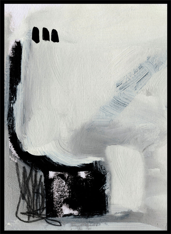 Shop Beyond No.02 by Dan Hobday, a minimalist abstract wall art print poster featuring expressive black forms and soft gray brushwork on a white ground.