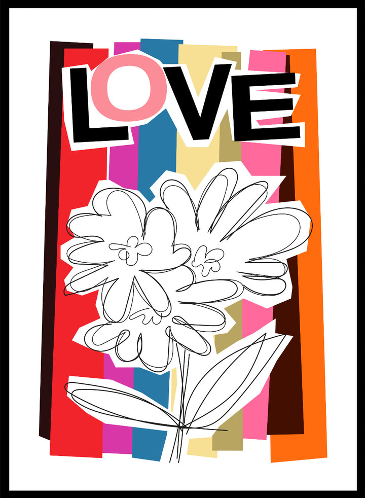 Colorful abstract design with flowers and the word 'LOVE' on a striped background. Scribble Flower by Frances Collett art print featuring a hand-drawn flower over bold colorful stripes with the word LOVE. Officially licensed wall poster with framing option.