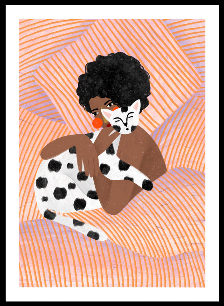 A framed art print featuring a stylized illustration of a person with an afro holding a black-and-white spotted cat, set against a peach and orange striped background. Cozy Cat Cuddles by Bea Müller animal art print featuring a woman embracing a spotted cat among soft peach and lilac stripes for cozy pet lover decor.