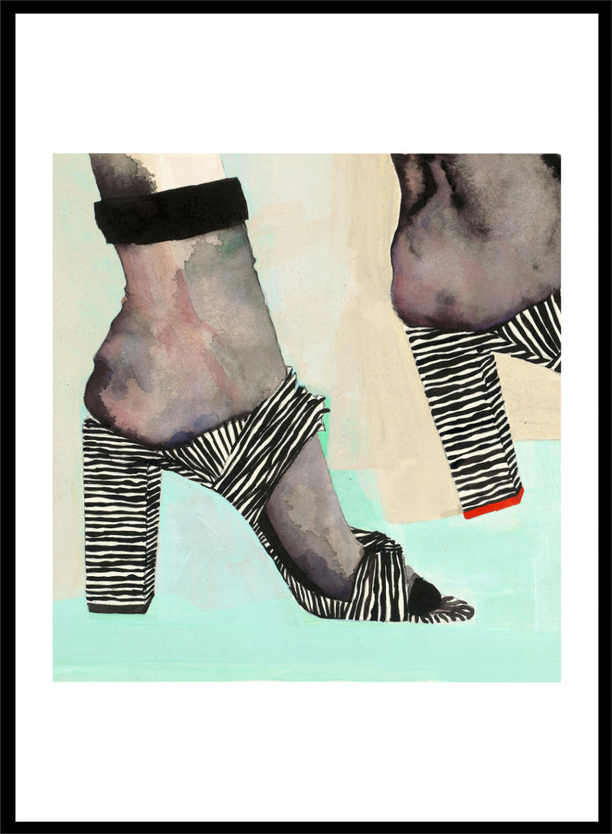 Shop Chic Zebra Heels by Sophia Novosel, a modern fashion wall art print poster featuring zebra-striped heels, bold black-and-white pattern, and a stylish cropped view.