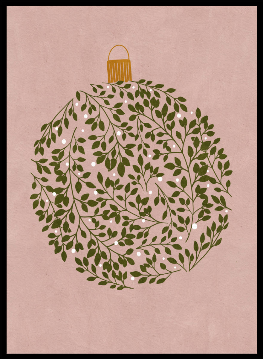 Shop Round Ornament by Katie O’Shea, a botanical Christmas wall art print poster featuring green leaves, white glowing light details, and a dusty pink background.