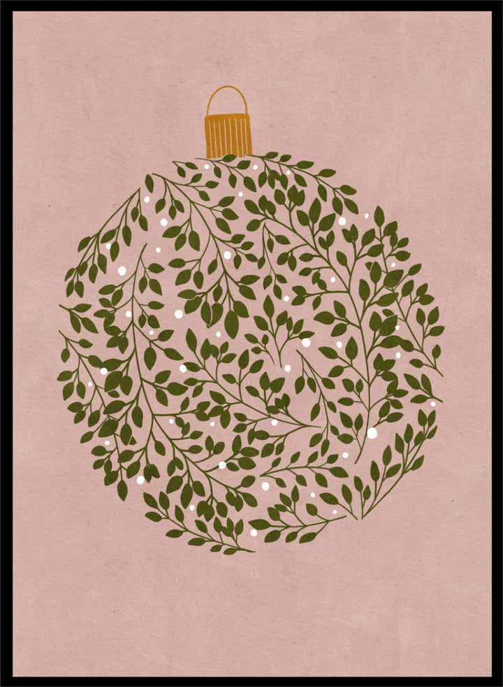 Shop Round Ornament by Katie O’Shea, a botanical Christmas wall art print poster featuring green leaves, white glowing light details, and a dusty pink background.