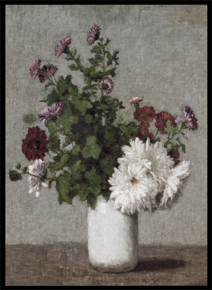 Shop Autumn Chrysanthemums in a White Vase by Henri Fantin-Latour, a vintage floral wall art print poster featuring chrysanthemums in muted green tones.