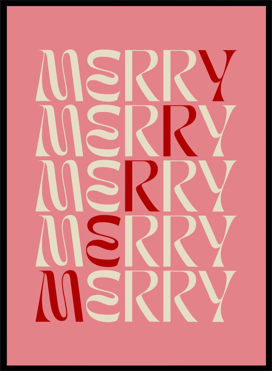 Shop Festive Merry Typography by Dominique Vari, a retro Christmas wall art print poster featuring repeated “Merry” lettering in pink, cream, and red.