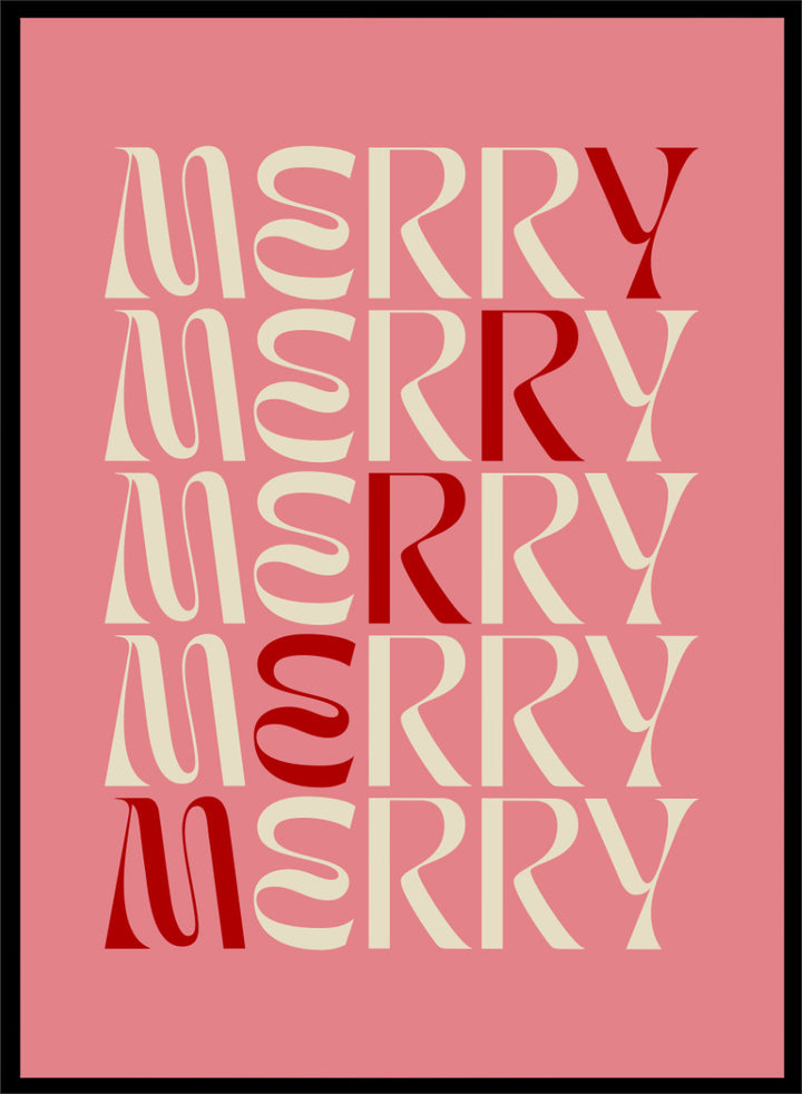 Shop Festive Merry Typography by Dominique Vari, a retro Christmas wall art print poster featuring repeated “Merry” lettering in pink, cream, and red.