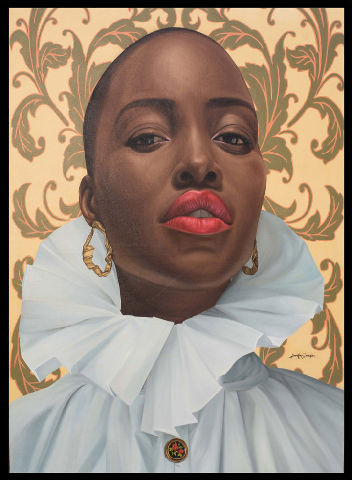 A portrait-style artwork of a person with a shaved head, wearing a large white ruffled collar and gold hoop earrings, set against an ornate beige and olive damask pattern. Shop Regal Woman Ruffled Collar by Damilare Jamiu, a contemporary Black portrait art print with a dramatic white collar, gold earrings, and warm cream tones.