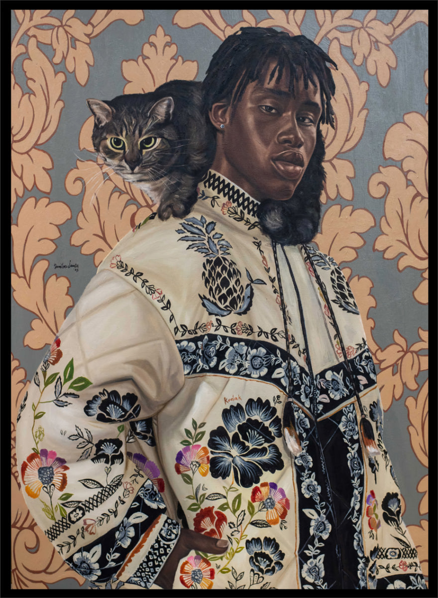 A stylized portrait painting of a Black man wearing an ornate cream jacket with colorful floral embroidery, seated against a patterned wallpaper background with a gray tabby cat on his shoulder. Shop Man and Cat Portrait by Damilare Jamiu, a contemporary figurative wall art print featuring a man with a cat, embroidered clothing, and rich floral detail.