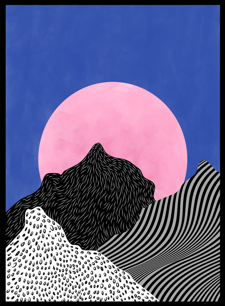 Artistic depiction of mountains with a pink moon in a blue sky. Surreal Peaks View by Elena Ristova is a minimalist abstract landscape print with bold mountains and a pink sun. Officially licensed wall poster with framing.