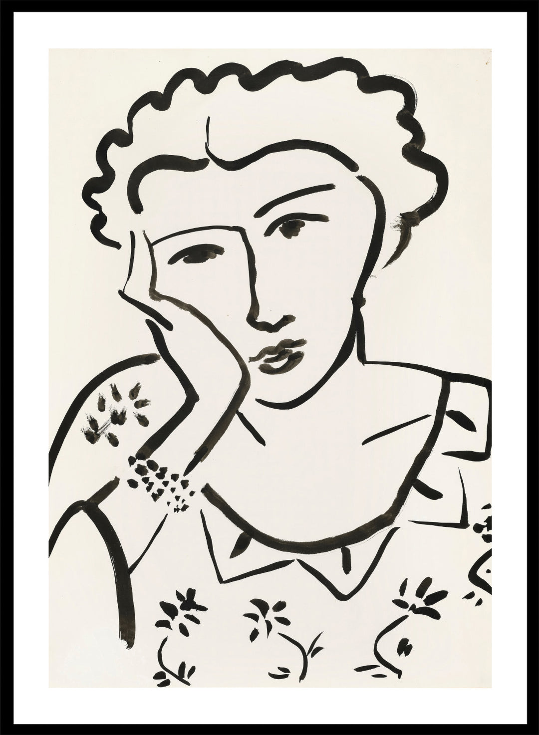 Black line art of a woman with floral patterns on a white background. Jeune Fille Accoudée by Henri Matisse is a minimalist portrait art print featuring expressive black linework, floral detailing, and refined French modernist design.