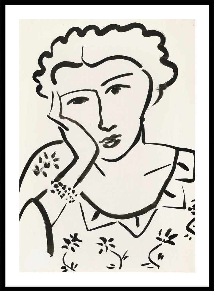 Black line art of a woman with floral patterns on a white background. Jeune Fille Accoudée by Henri Matisse is a minimalist portrait art print featuring expressive black linework, floral detailing, and refined French modernist design.