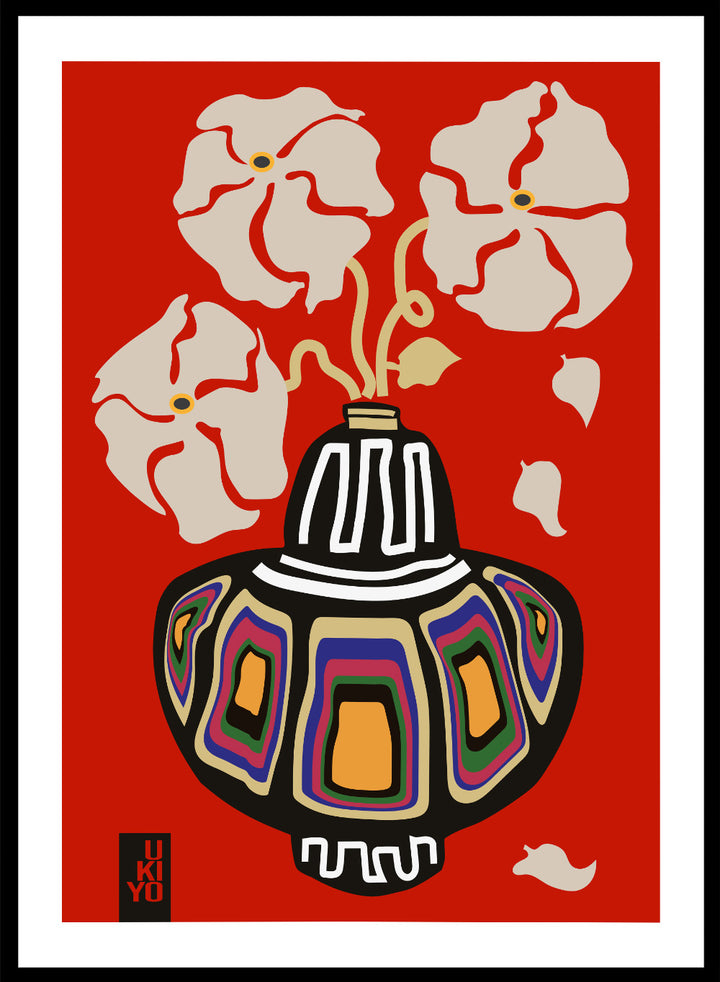 Decorative vase with colorful patterns on a red background. Ukiyo Vase Flower Rainbow Red by Frances Collett art print featuring a colorful patterned vase with cream flowers on a red background. Officially licensed wall poster with optional framing.