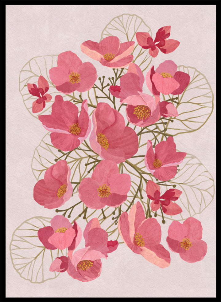 A framed botanical art print featuring pink flowers with yellow centers and delicate gold leaf outlines on a pale pink background. Shop Japanese Quince Floral Art Print by Katie O&