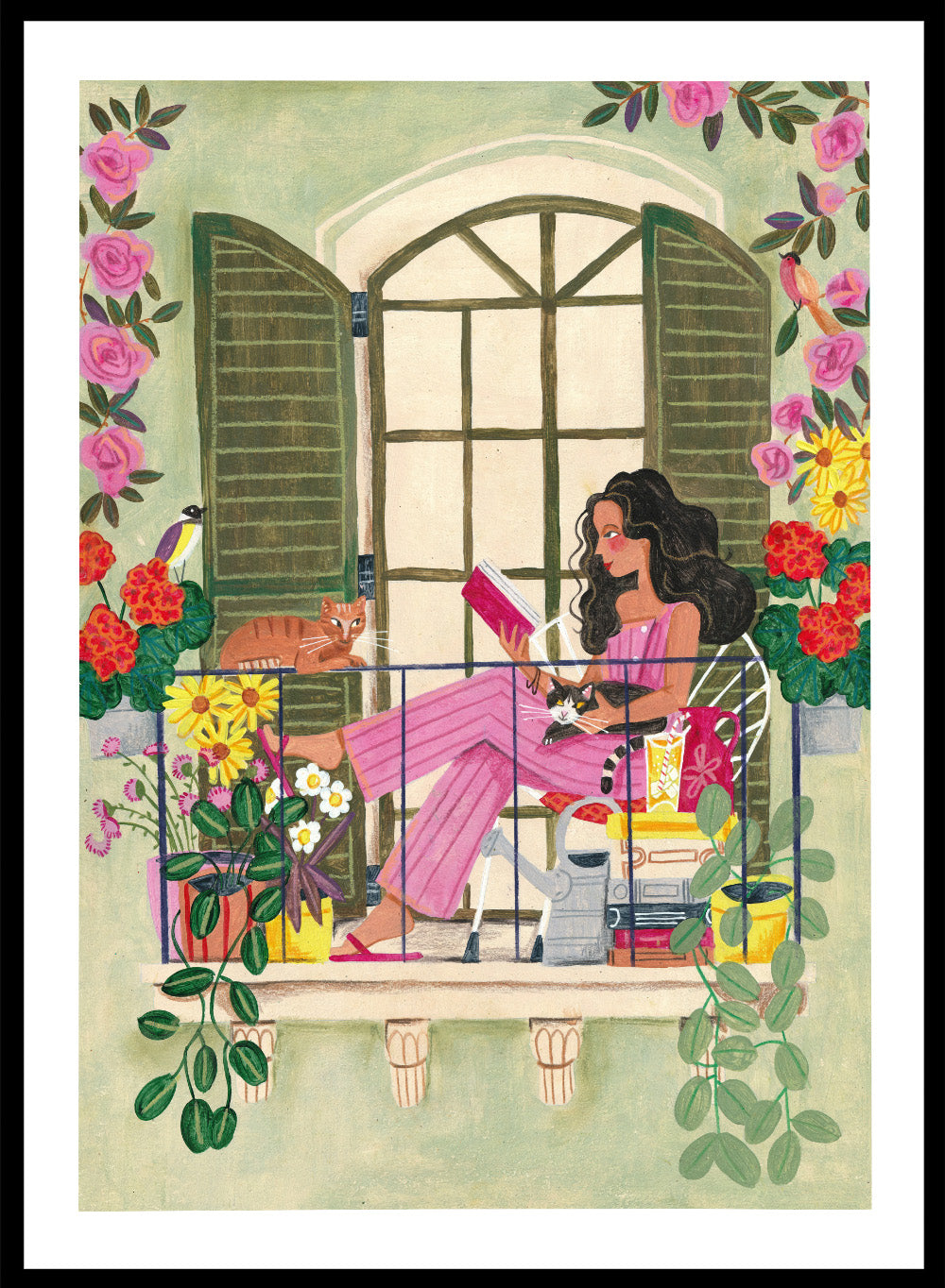 Illustration of a woman reading a book on a balcony with flowers and plants. Balcony Reading With Cats by Caroline Bonne Müller is a fine art print and wall poster of a woman reading on a balcony with cats and flowers in a modern style.