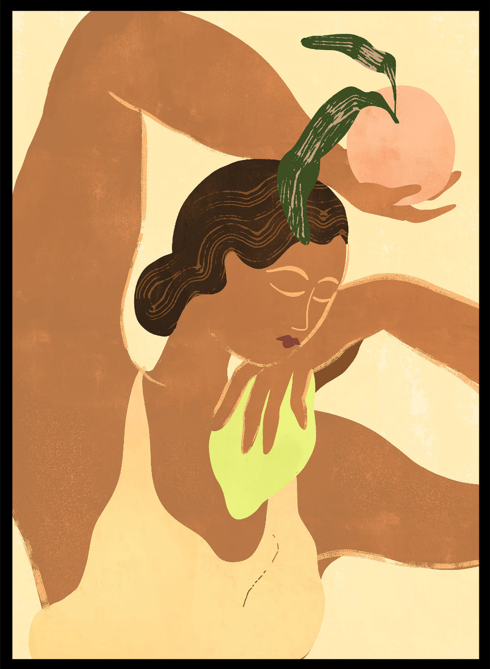 Artistic depiction of a woman with abstract elements on a beige background. Lemon Apple by Arty Guava art print, modern woman and fruit illustration, contemporary aesthetic wall poster in warm yellow and soft green tones.