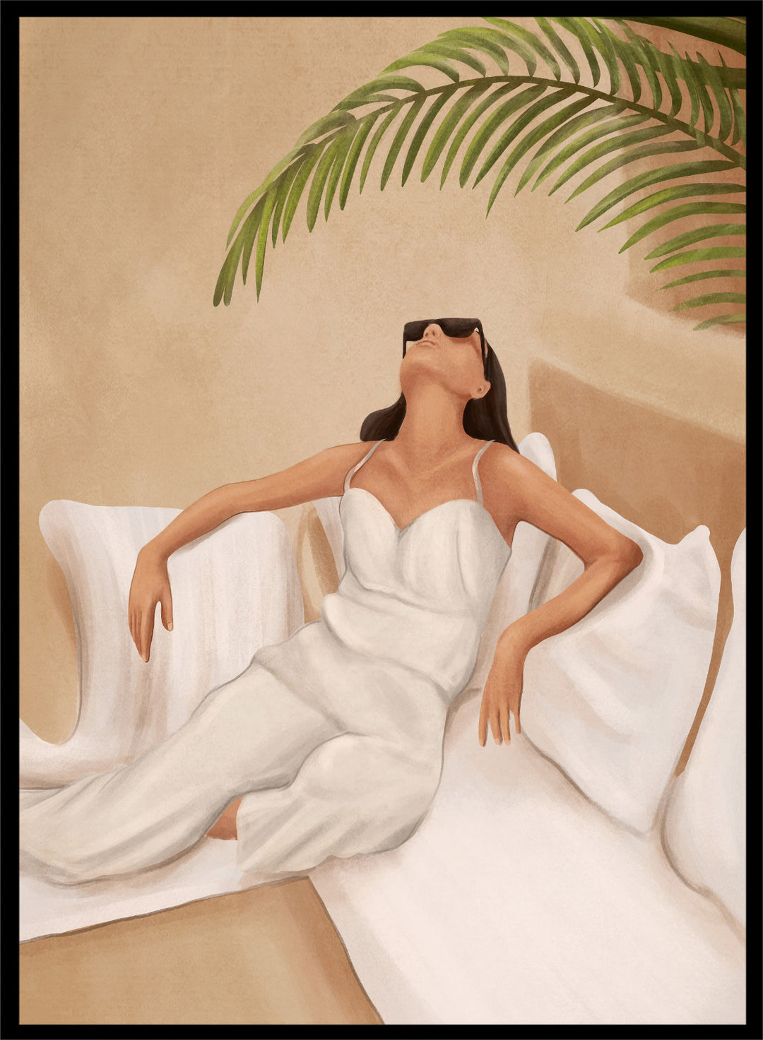 Woman in a white dress lying on a couch with a palm leaf above, against a beige wall. Chic Summer Serenity by City Art features a woman reclining among cushions and palm leaves, bringing warm summer tones and relaxed interiors to your home.