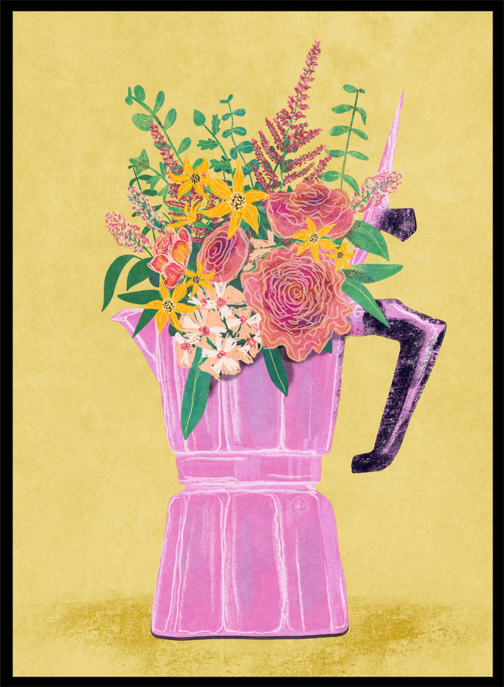 Colorful floral arrangement in a pink vase on a yellow background. Espresso Maker with Flowers by Raissa Oltmanns is a modern floral fine art print featuring a pink moka pot vase still life and bold kitchen wall decor poster.