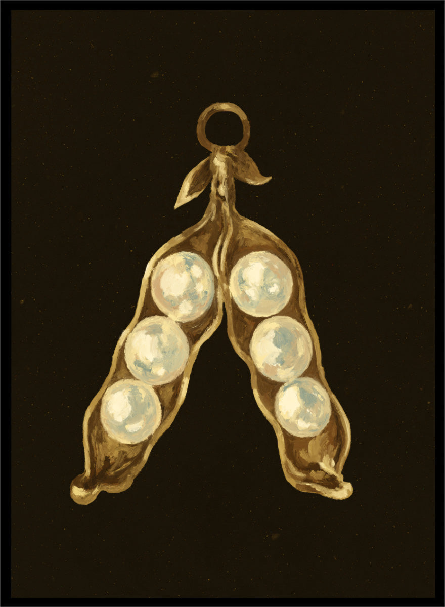 Shop Golden Pea Pod Pearls Ornament by NKTN, a whimsical Christmas wall art print poster featuring golden pea pods, pearl-like peas, and vintage ornament style.
