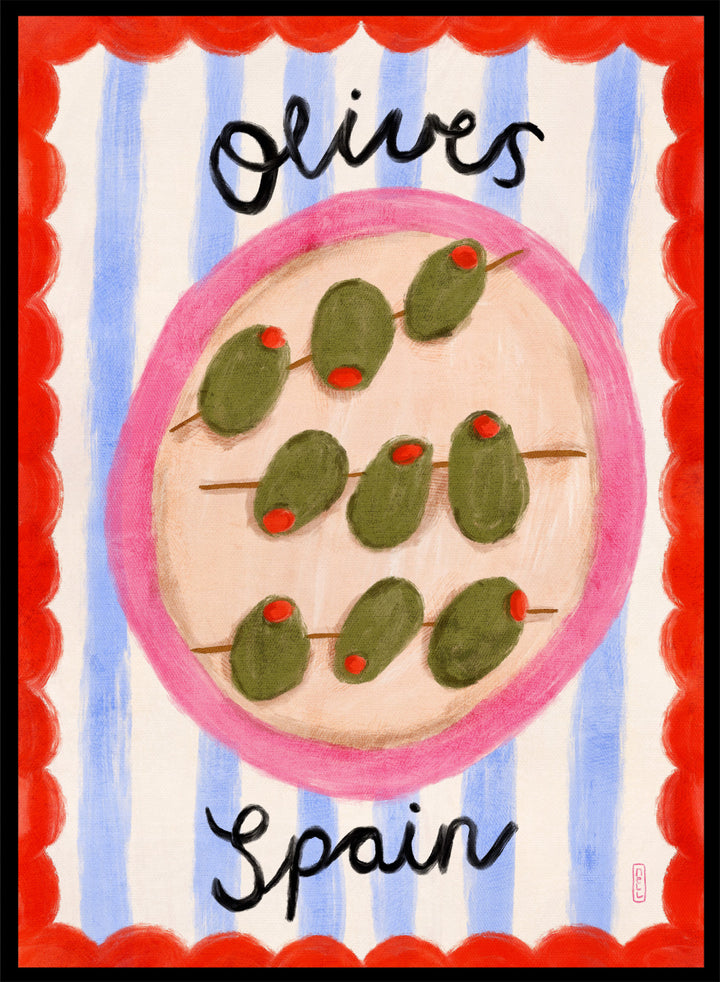 Spanish Olives Plate by Dirkie Nell is a colorful food art print featuring olives, Mediterranean inspired kitchen wall art, striped patterns, and playful modern illustration.