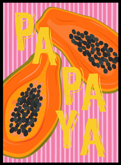 Tropical Papaya Fruit Pink Wall Art Print | Hand Drawn Contemporary Food Illustration, Modern Aesthetic Summer Kitchen Poster Decor