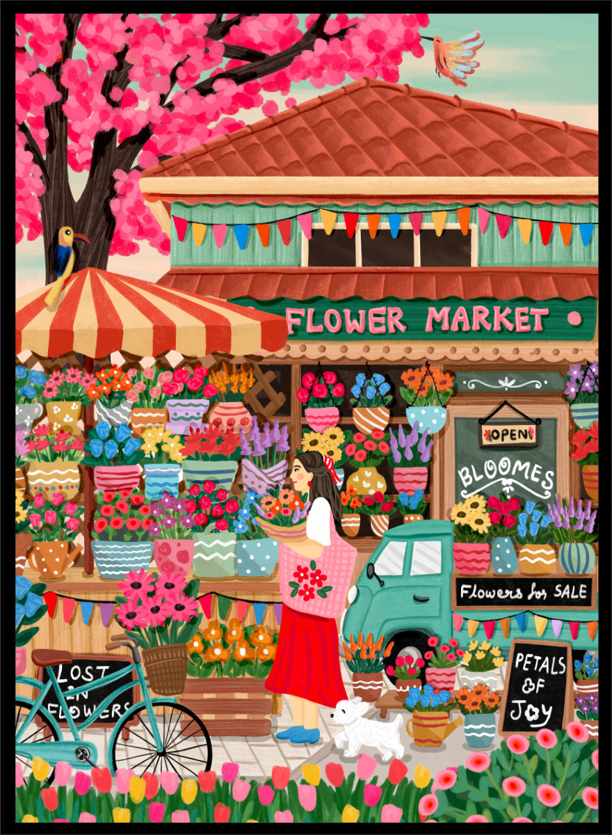 A colorful illustrated flower market scene with a shop front, blooming pink cherry blossoms, flower stalls, a woman standing by a bicycle, and signs reading 'Flower Market', 'Bloomes', and 'Petals of Joy'. Colorful Flower Market Scene by Nidhi Kachhadiya fills the frame with buckets of flowers, patterned pots, striped awnings, hand-painted signs, and a shopper carrying a fresh bouquet through the middle of it all. A bicycle, tiny flower truck, and little white dog add even more character around the edges. I