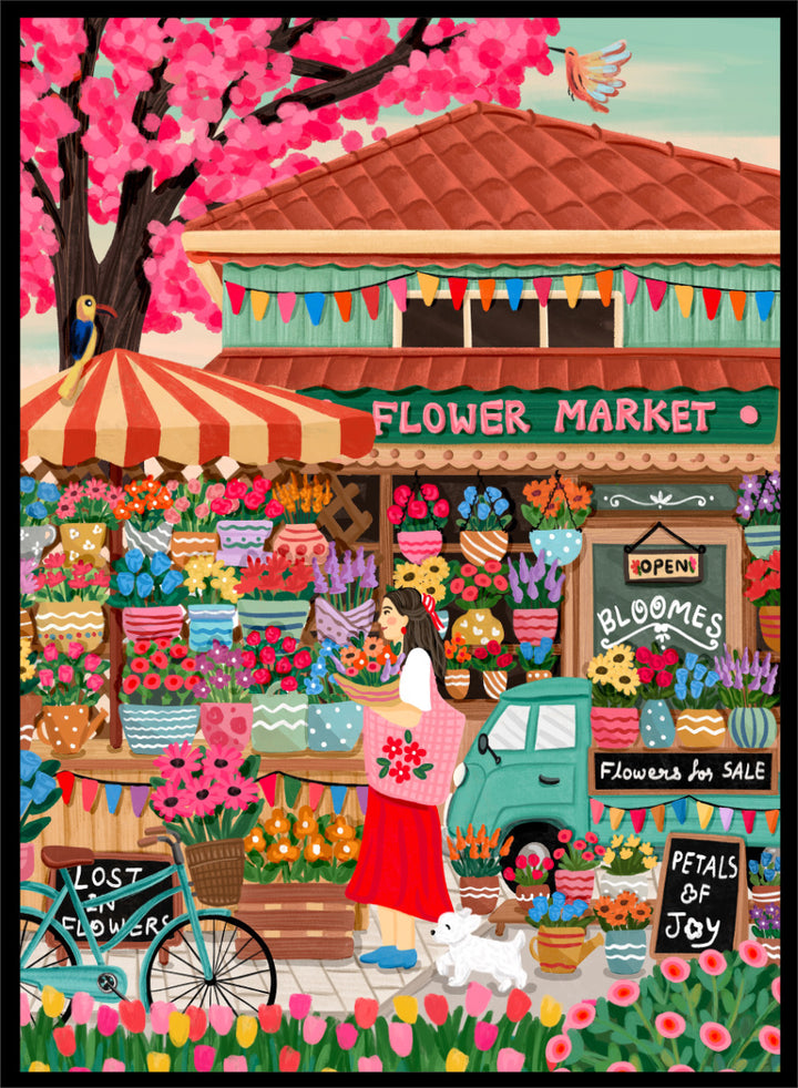 A colorful illustrated flower market scene with a shop front, blooming pink cherry blossoms, flower stalls, a woman standing by a bicycle, and signs reading &