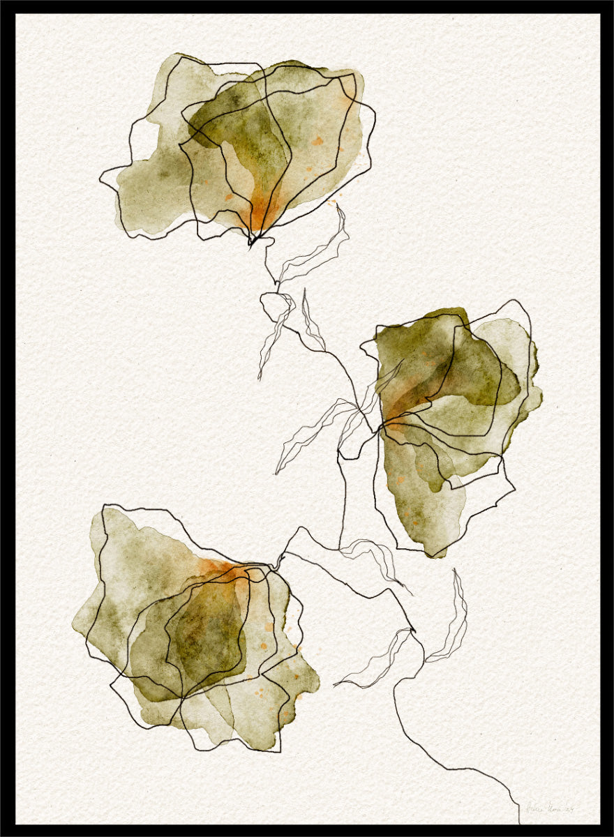 Abstract floral watercolor art print featuring three overlapping flower shapes in muted olive green, beige, and soft orange tones, outlined with fine black lines on a textured off-white background. Shop Green Watercolor Flowers by Ankie Kooi, an abstract floral wall art print poster with watercolor botanicals, minimalist line art, and green tones.