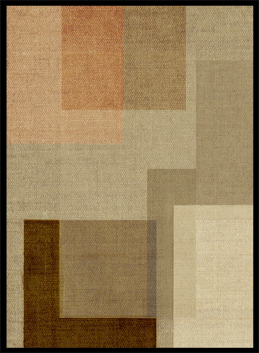 An abstract geometric area rug with a textured linen-like weave, featuring overlapping rectangles in shades of beige, brown, tan, and a muted peach-pink. Shop Muted Geometric Layers by Dan Hobday, a neutral abstract art print featuring layered geometric forms, soft earthy tones, and subtle woven texture.