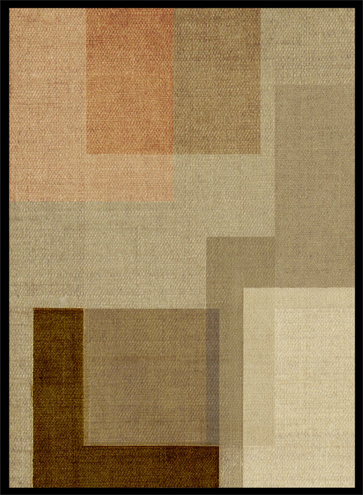 An abstract geometric area rug with a textured linen-like weave, featuring overlapping rectangles in shades of beige, brown, tan, and a muted peach-pink. Shop Muted Geometric Layers by Dan Hobday, a neutral abstract art print featuring layered geometric forms, soft earthy tones, and subtle woven texture.