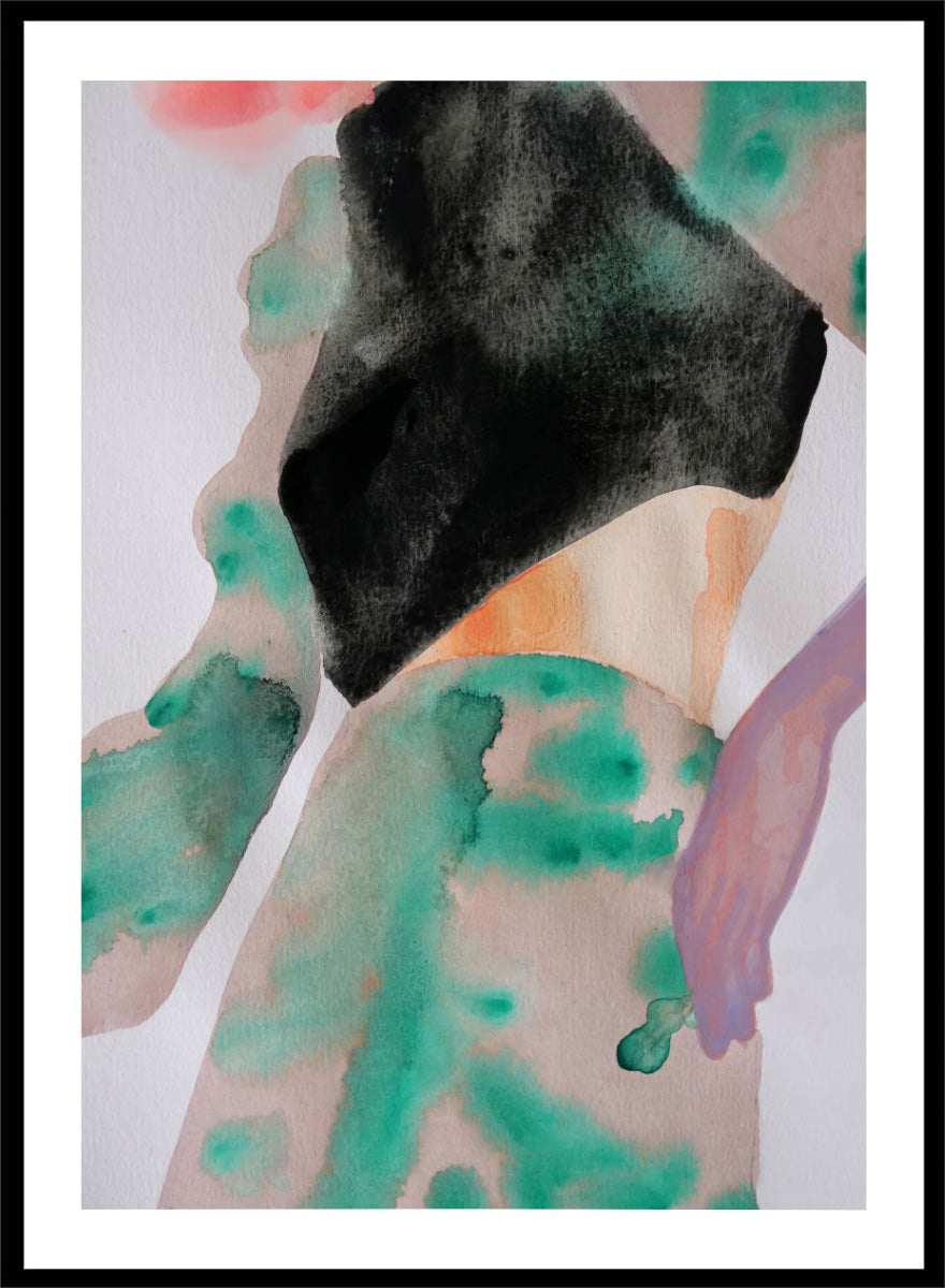 Shop Abstract Fashion Figure by Sophia Novosel, a modern figurative wall art print poster featuring a cropped woman, black top, and loose green and peach washes.