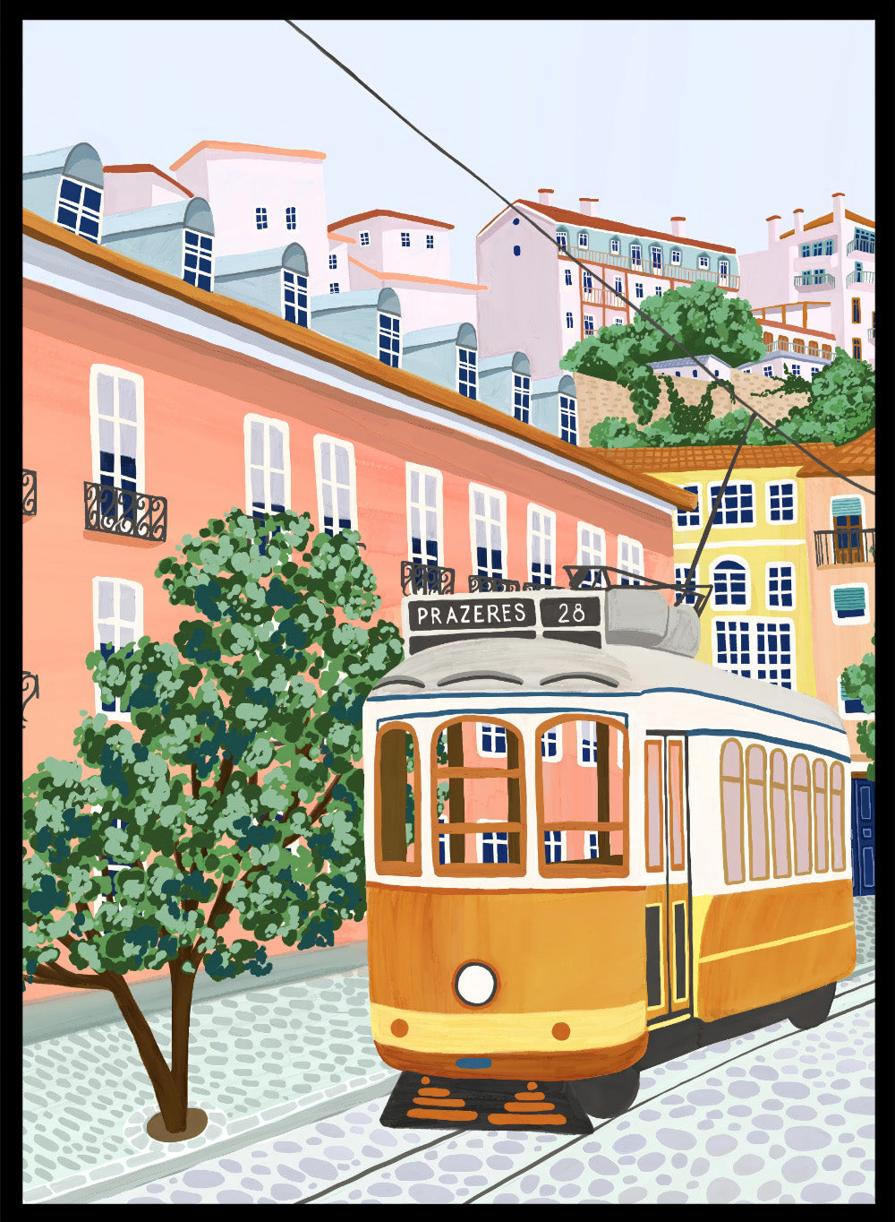 Lisbon Portugal Yellow Tram 28 Colorful Buildings Travel City Art Print | Cityscape Landscape Illustration, Europe Travel Poster