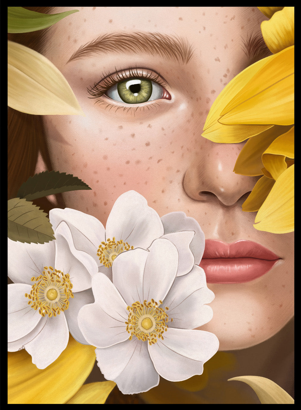 Close-up of a woman's face with yellow flowers around her, featuring a green eye. In the Garden by Petra Holíková is a modern floral portrait art print poster with botanical detail and contemporary aesthetic wall art.