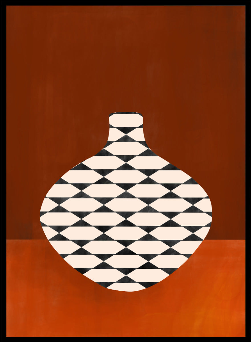 Shop Modern Geometric Vase by Elena Ristova, a modern wall art print poster featuring a black-and-cream patterned vase against a rich rust background.