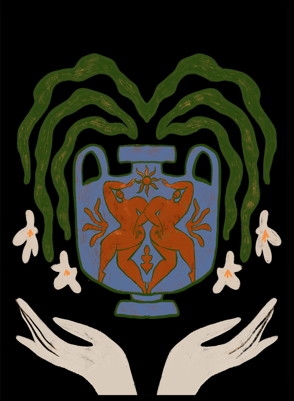 Decorative design with a blue urn, red figure, green leaves, and white flowers on a black background. Vessel Collection: Harmony by Arty Guava art print, modern vase wall poster with botanical illustration, contemporary minimalist line artwork.