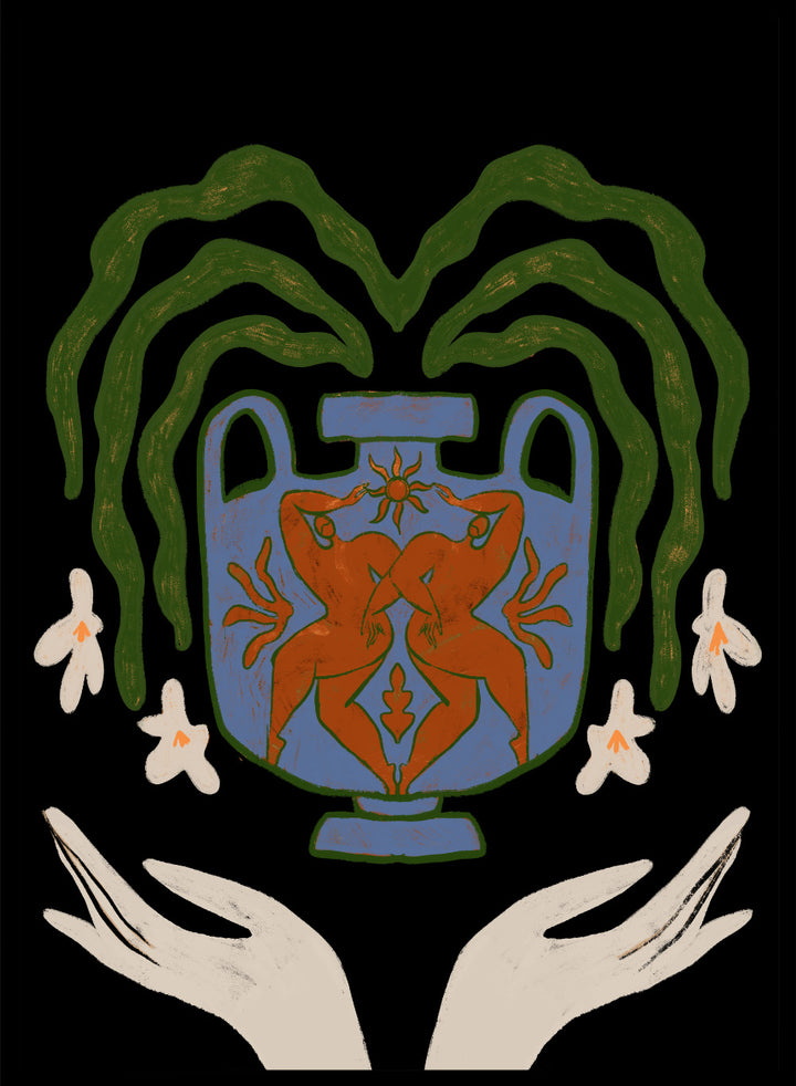 Decorative design with a blue urn, red figure, green leaves, and white flowers on a black background. Vessel Collection: Harmony by Arty Guava art print, modern vase wall poster with botanical illustration, contemporary minimalist line artwork.