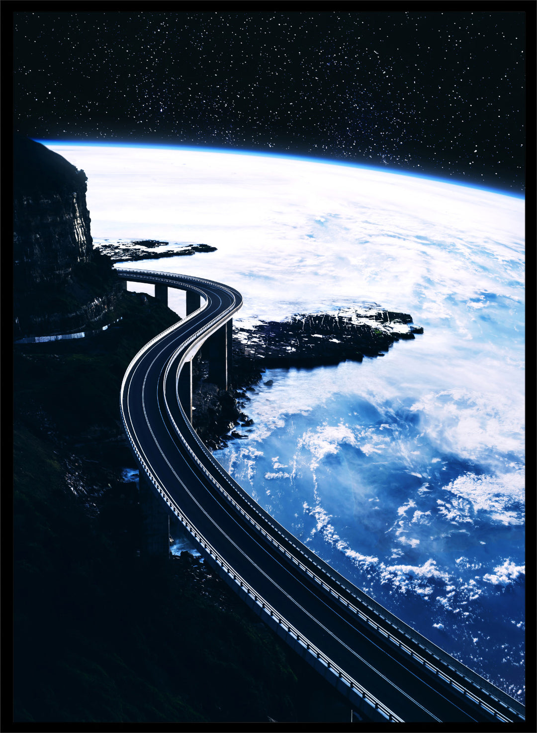 Artistic depiction of a road curving around the Earth with a starry night sky. Road To Infinity by Taudalpoi surreal space highway art print with winding road above Earth and starry sky, retro cosmic collage poster wall art.