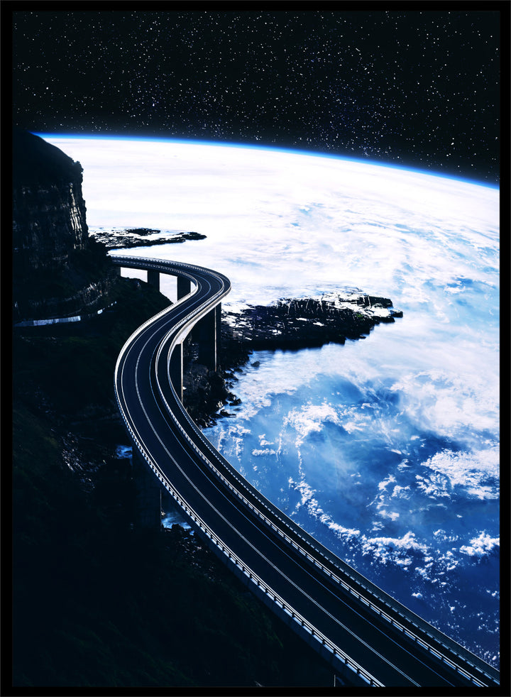 Artistic depiction of a road curving around the Earth with a starry night sky. Road To Infinity by Taudalpoi surreal space highway art print with winding road above Earth and starry sky, retro cosmic collage poster wall art.