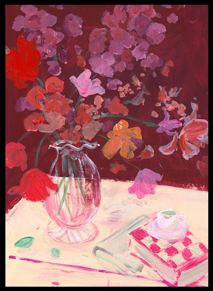 Colorful still life painting with flowers and a teacup on a table. Fall Bouquet by Katharina Puritscher art print featuring expressive floral still life, glass vase, coffee cup, book, and brushstrokes. Officially licensed wall poster.