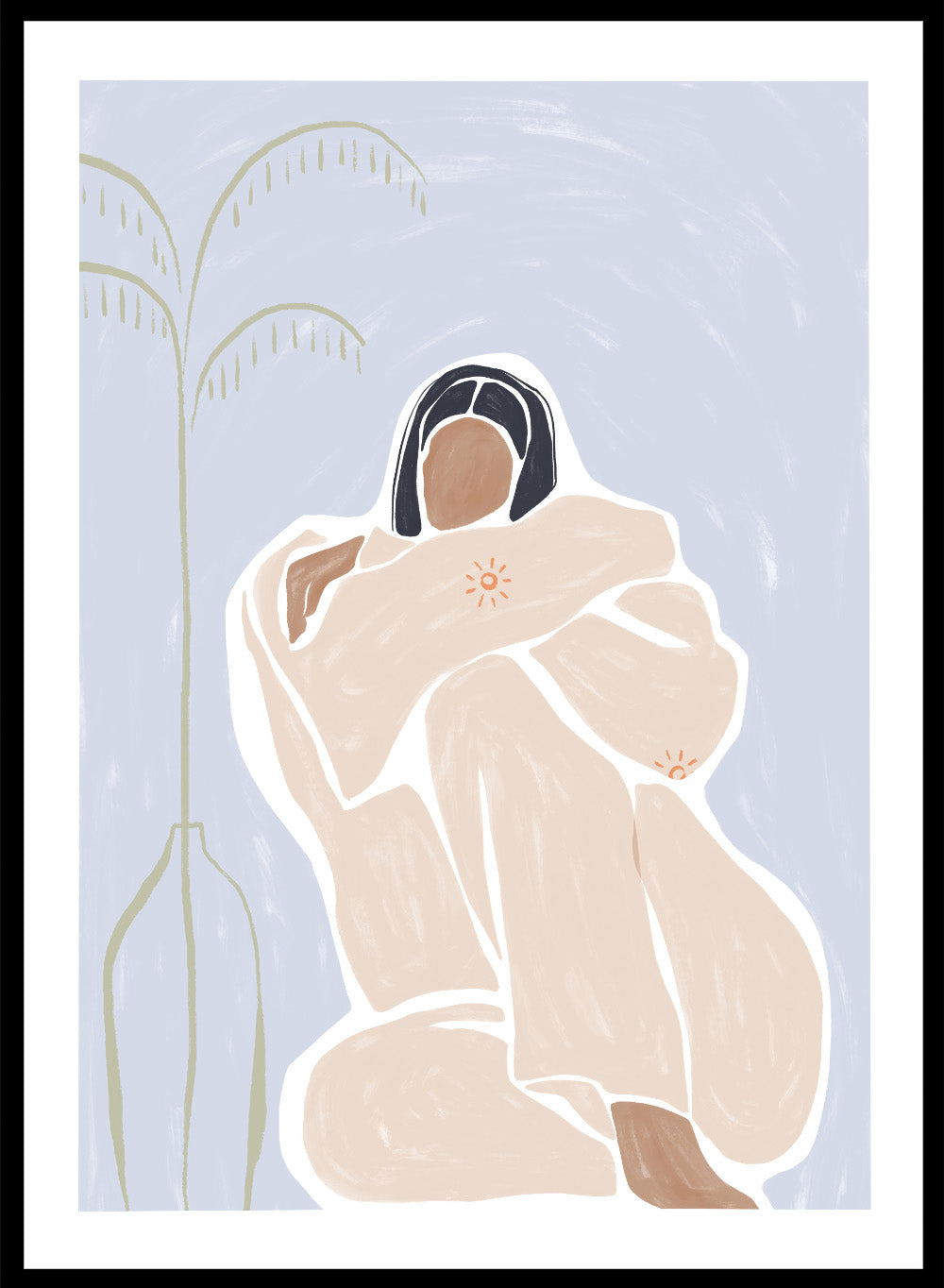Cuddling Myself by Ivy Green is a modern female figure art print about self-care and comfort. Premium fine art print with optional wood framing.