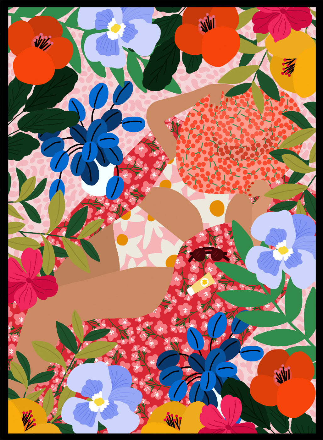 Colorful floral pattern with abstract shapes on a pink background. Sleeping Under the Sun by Rafaela Mascaro fine art print poster featuring woman in vibrant floral garden, modern contemporary botanical wall art.