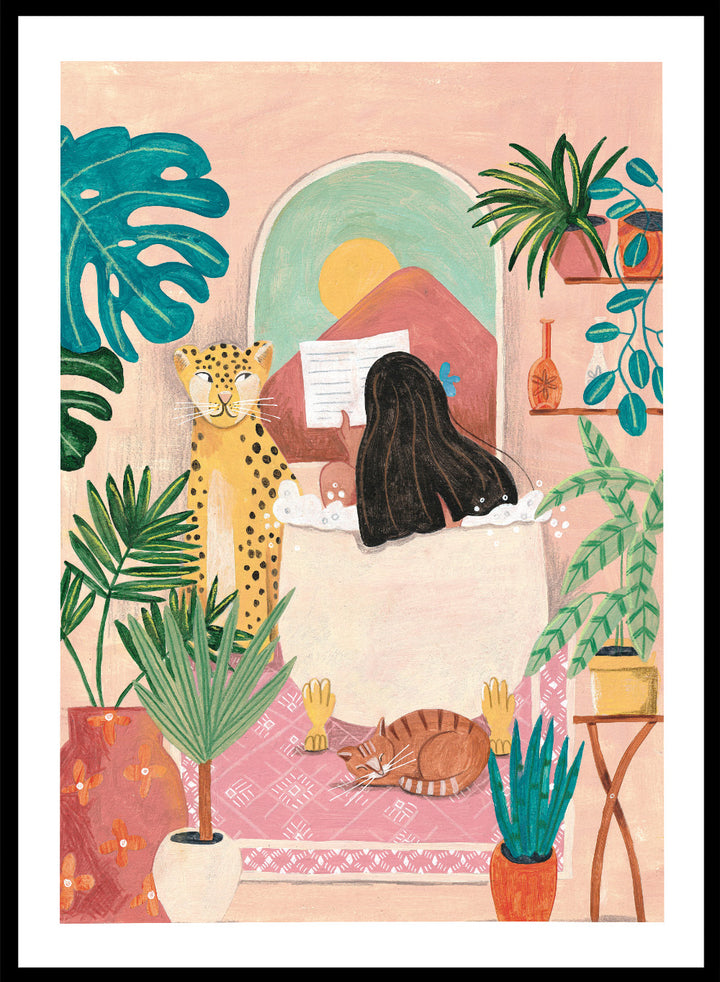 Illustration of a woman reading a book with a leopard and cat in a room filled with plants. Girl Reading Tropical Bath by Caroline Bonne Müller fine art print, wall art poster with bold color, tropical interior, modern playful aesthetic design.