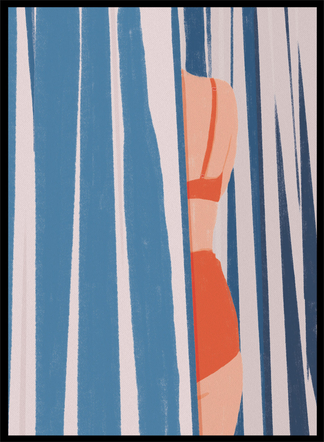 A stylized art print featuring a woman in an orange bikini partially obscured by vertical blue and white striped curtains. Woman Behind Stripes by Lisa Solomoniuk premium framed fine art print featuring a woman in a red bikini behind bold blue-and-white coastal stripes.