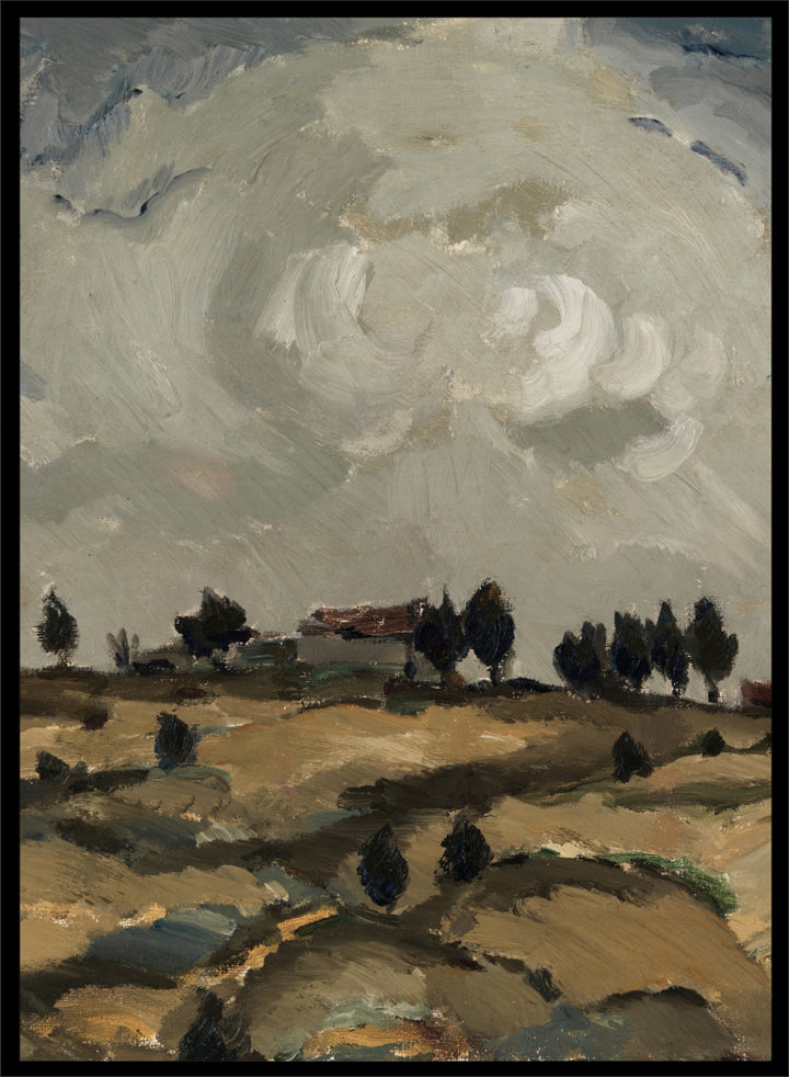 Shop Autumn Landscape with Clouds by Ilmari Aalto, a vintage Finnish landscape wall art print poster depicting rolling fields beneath a dramatic gray sky.