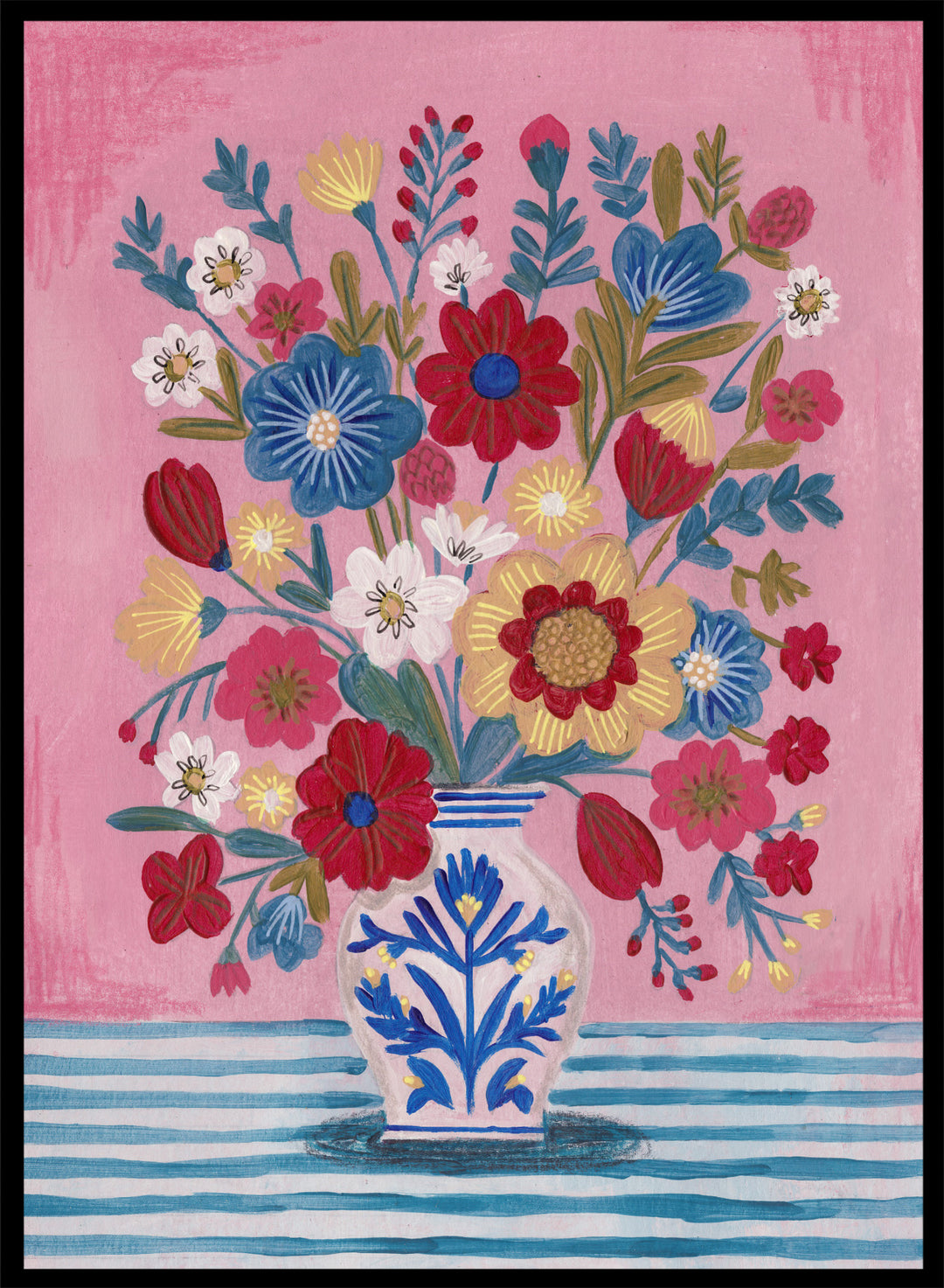 Colorful floral arrangement in a blue and white vase on a pink and blue striped background. Colorful Folk Art Bouquet by Caroline Bonne Müller is a fine art print and wall poster featuring a bright floral arrangement in a patterned vase.