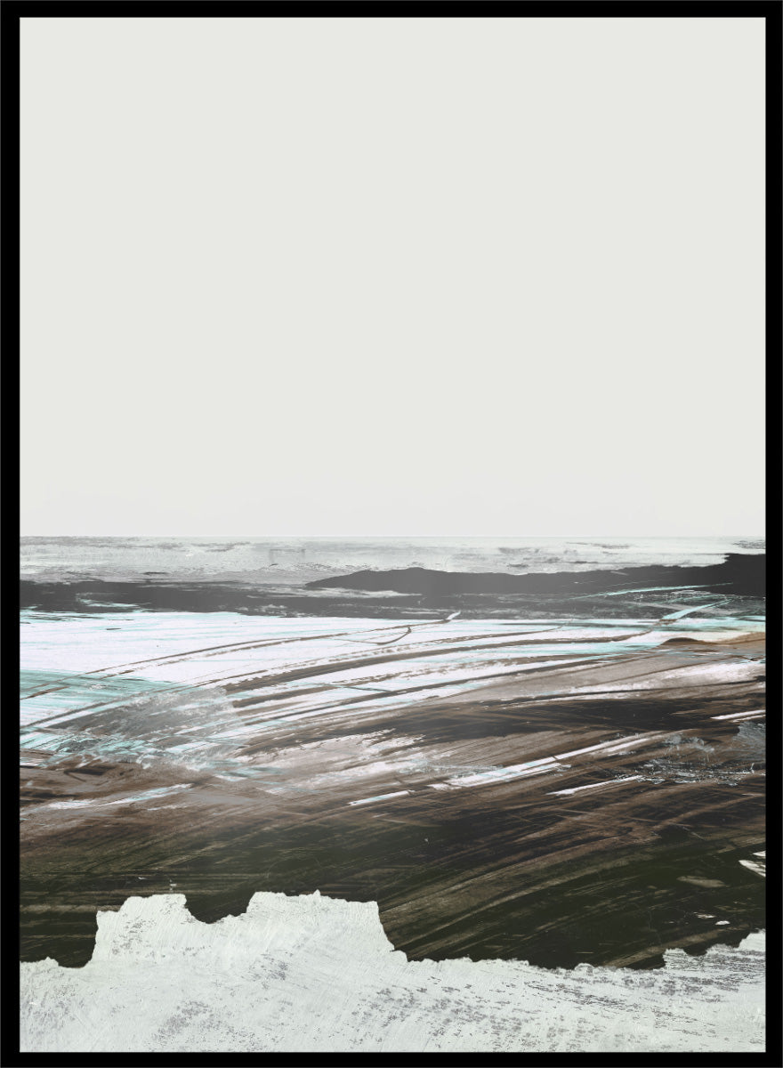 Shop Constantine Bay by Dan Hobday, a set of 2 coastal landscape wall art prints posters featuring windswept shoreline, surf, and muted blue-brown tones.