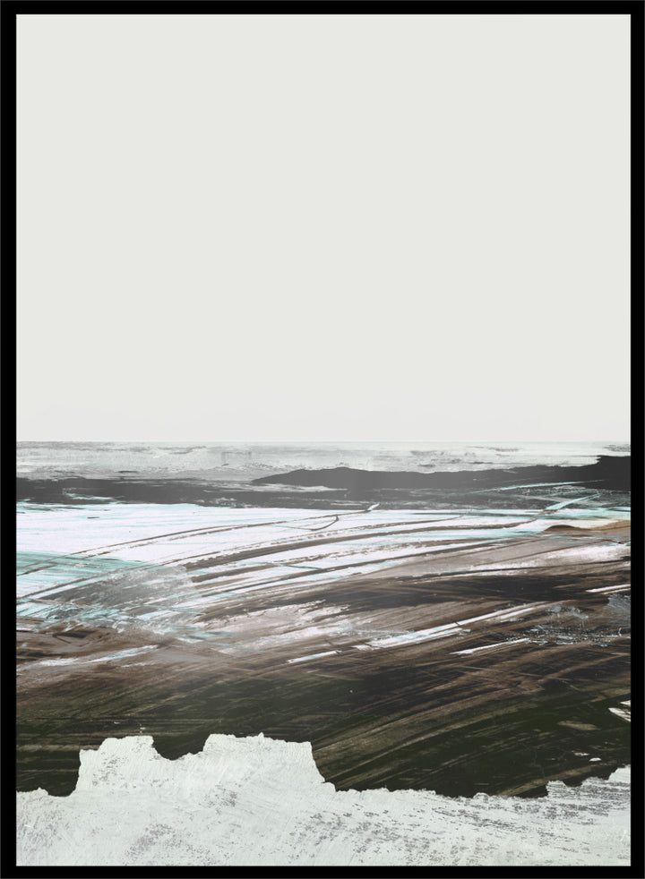 Shop Constantine Bay by Dan Hobday, a set of 2 coastal landscape wall art prints posters featuring windswept shoreline, surf, and muted blue-brown tones.