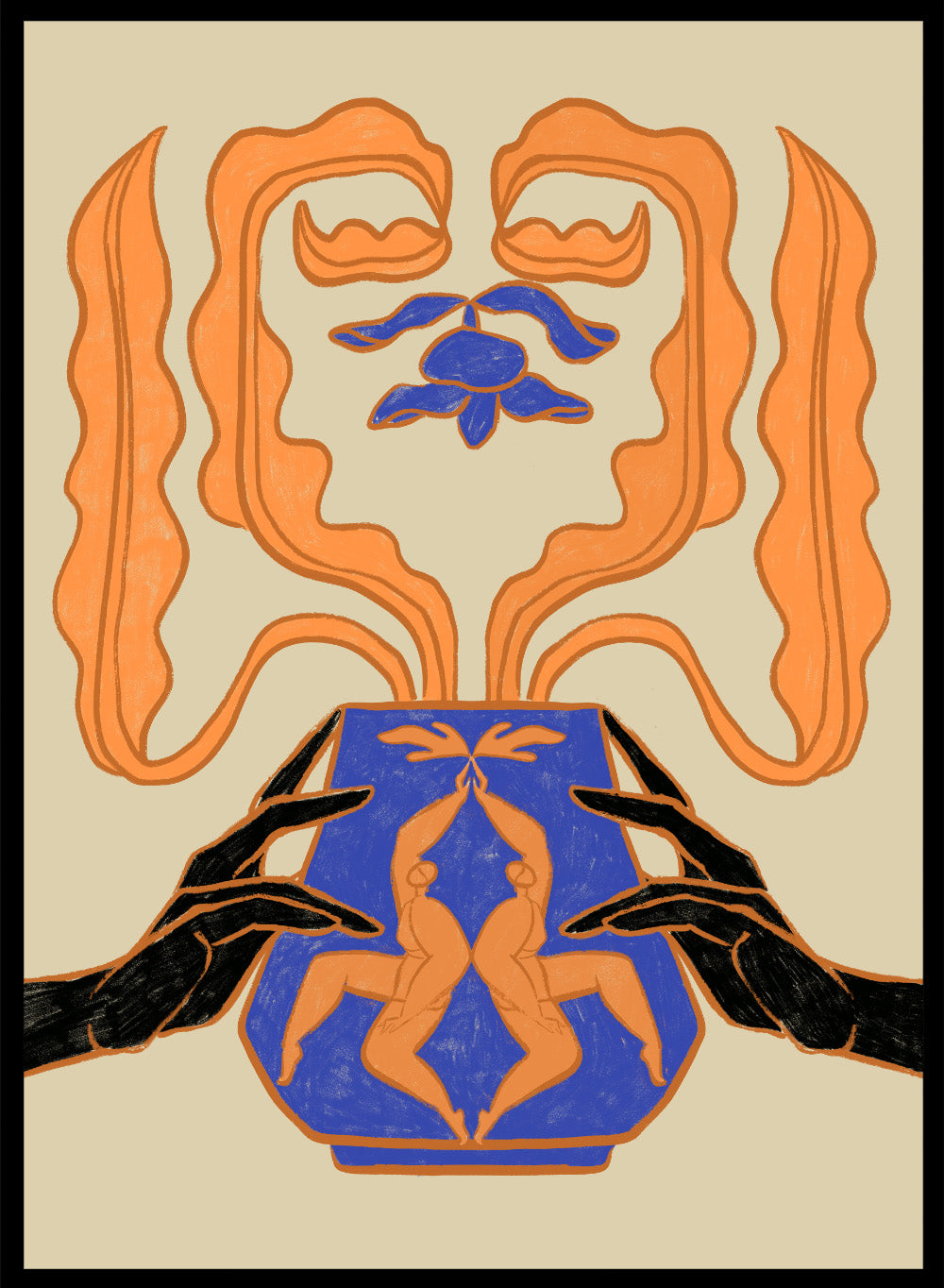 Decorative design with hands holding a vase featuring abstract floral patterns on a beige background. Vessel Collection: New Beginnings by Arty Guava art print, modern vase wall poster with mirrored figures, contemporary blue orange minimalist illustration.