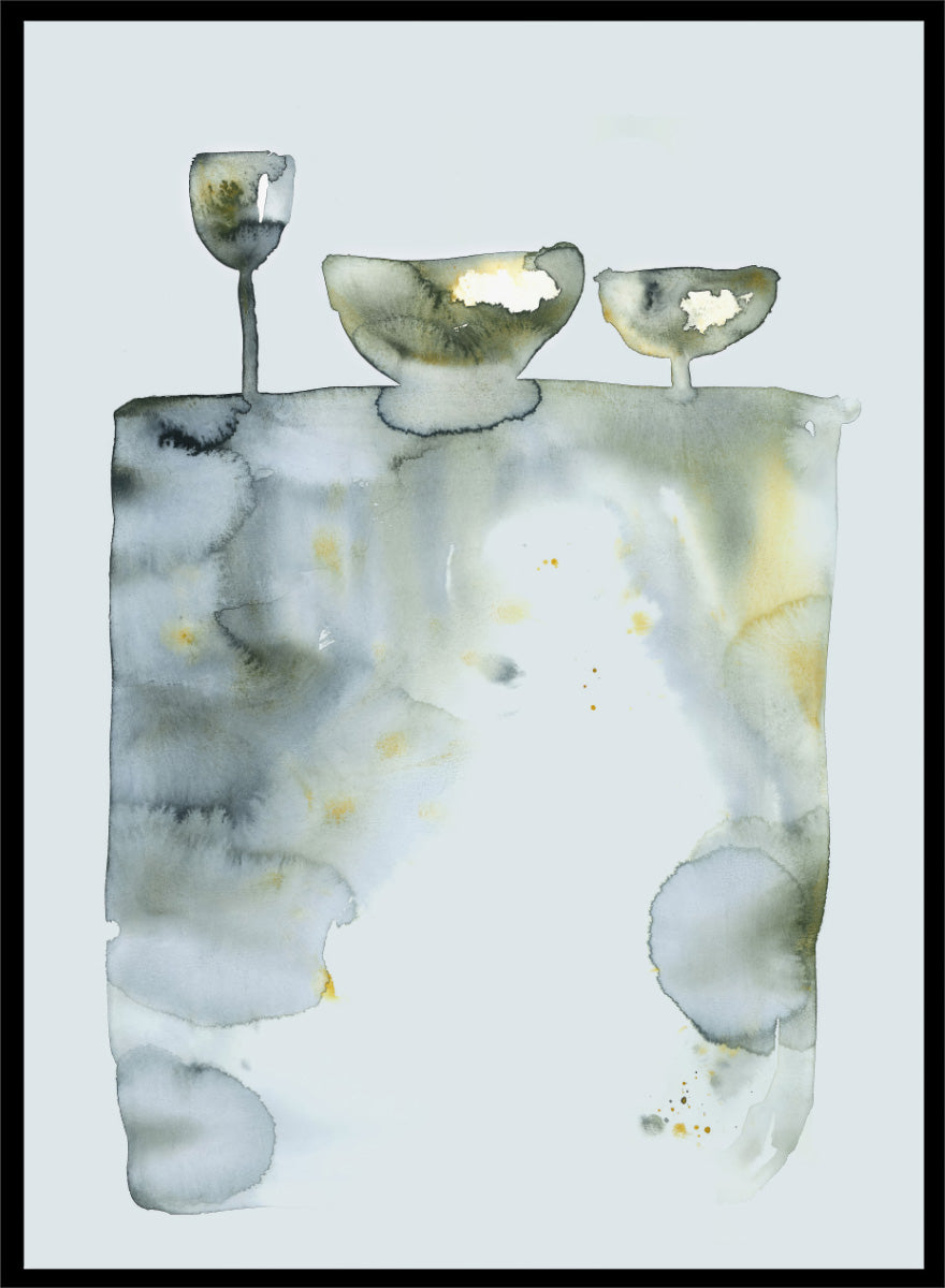 Shop Abstract Still Life Bowls by Helena Ryhle, a modern still life wall art print poster featuring watercolor bowls, glassware, and soft abstract forms.