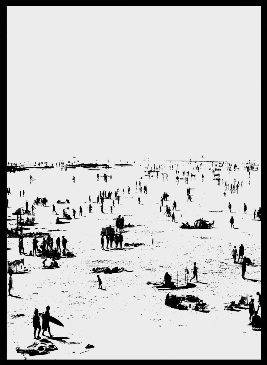 Shop Beach No.02 by Dan Hobday, a set of 2 black and white beach wall art prints posters featuring a panoramic shoreline filled with tiny figures.